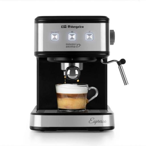  Cafetera express ORBEGOZO 20 bares, 1100W, Deposito 1,5L, Permite cafe molido y monodosis, 1 o 2 cafes, Frontal en acero Inox, vaporizador para calentar cafe, agua y espumar leche	 [1]