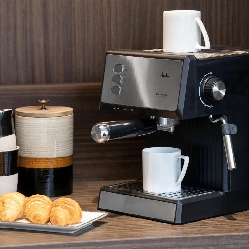 JATA - Cafetera express 20 bares 850 W | Brazo con doble salida y filtro para 1 o 2 cafés | Vaporizador para espumar leche y hacer cappuccinos | Calienta tazas | Depósito extraíble 1,8 L