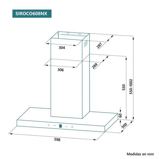 Campana de pared 60 cm johnson t invertida Inox frente cristal negro Capacidad de extracción mín-280 m3/h, máx-600m3/h, turbo- 800 m3/h [1]