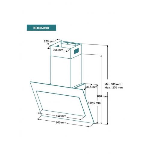 Campana de pared inclinada 60 cm johnson  Cristal Blanco, ​Capacidad de extracción 801,8 m3/h [1]