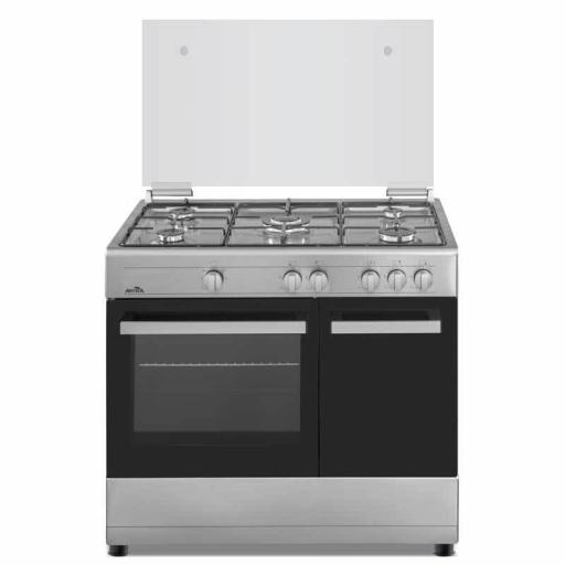 Cocina Gas Butano Artica - 5 Fuegos, 90x61cm, Termopar, Wok, Doble Vidrio, Inox