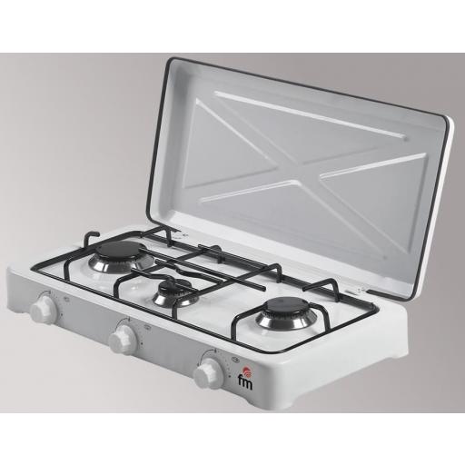 Hornillo de gas FM HG300 - 3 fuegos, control giratorio, blanco
