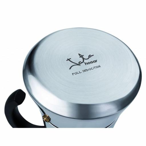 - Cafetera italiana JATA de acero inoxidable. 10 tazas. Apta para todas las cocinas, incluida inducción. Asa maciza [1]