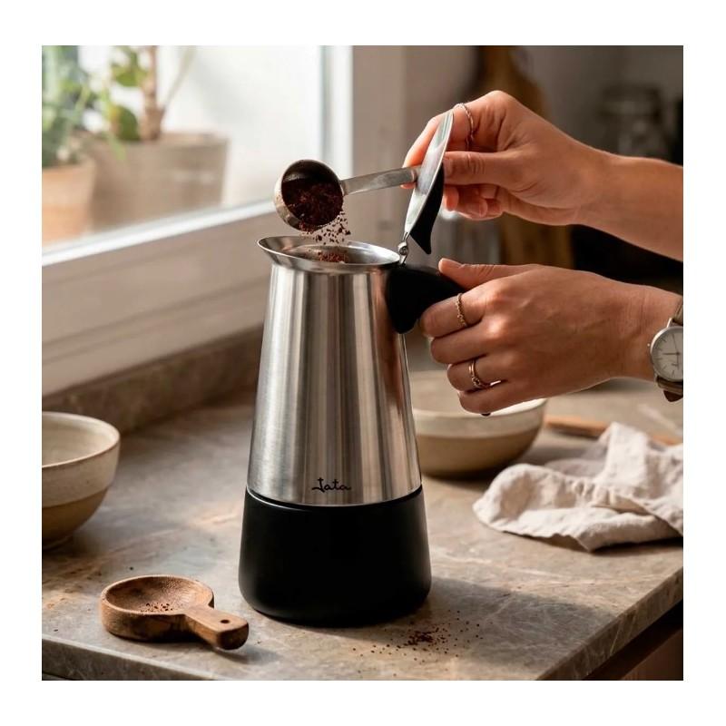 JATA HOGAR - Cafetera Italiana Inducción 4 Tazas Acero Inoxidable, Cafetera Moka Espresso para Todas las Cocinas, Fondo Full Induction, Asa Ergonómica, 200 ml