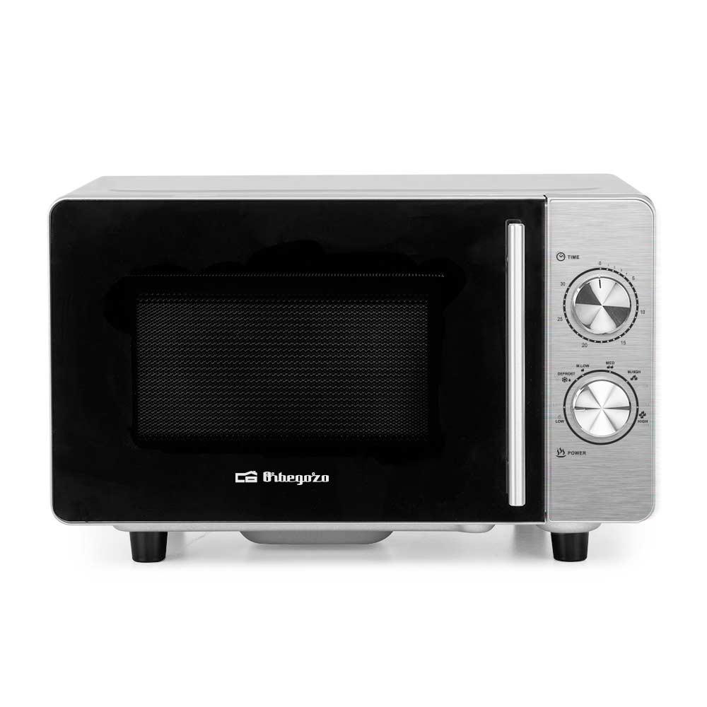 Microondas ORBEGOZO 20L 700w, Base ceramica, sin plato giratorio, Temporiz. 30 min. Frontal Inox, Funcion de descongelado