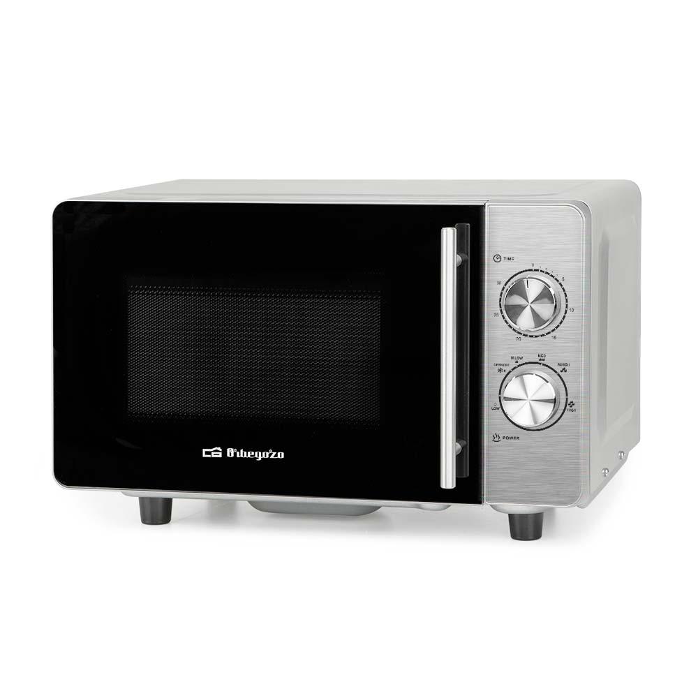 ORBEGOZO Microondas 20L 700W, Grill 800w, Silver, Sin Plato, Interior ceramico, 5 niveles de potencia, Tecnologia Flatbed con base lisa de facil limpieza