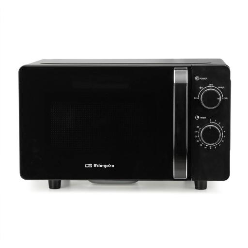 Microondas ORBEGOZO 20L 700W, NEGRO, Sin Plato, Interior ceramico, 5 niveles de potencia, Tecnologia Flatbed con base lisa de facil limpieza