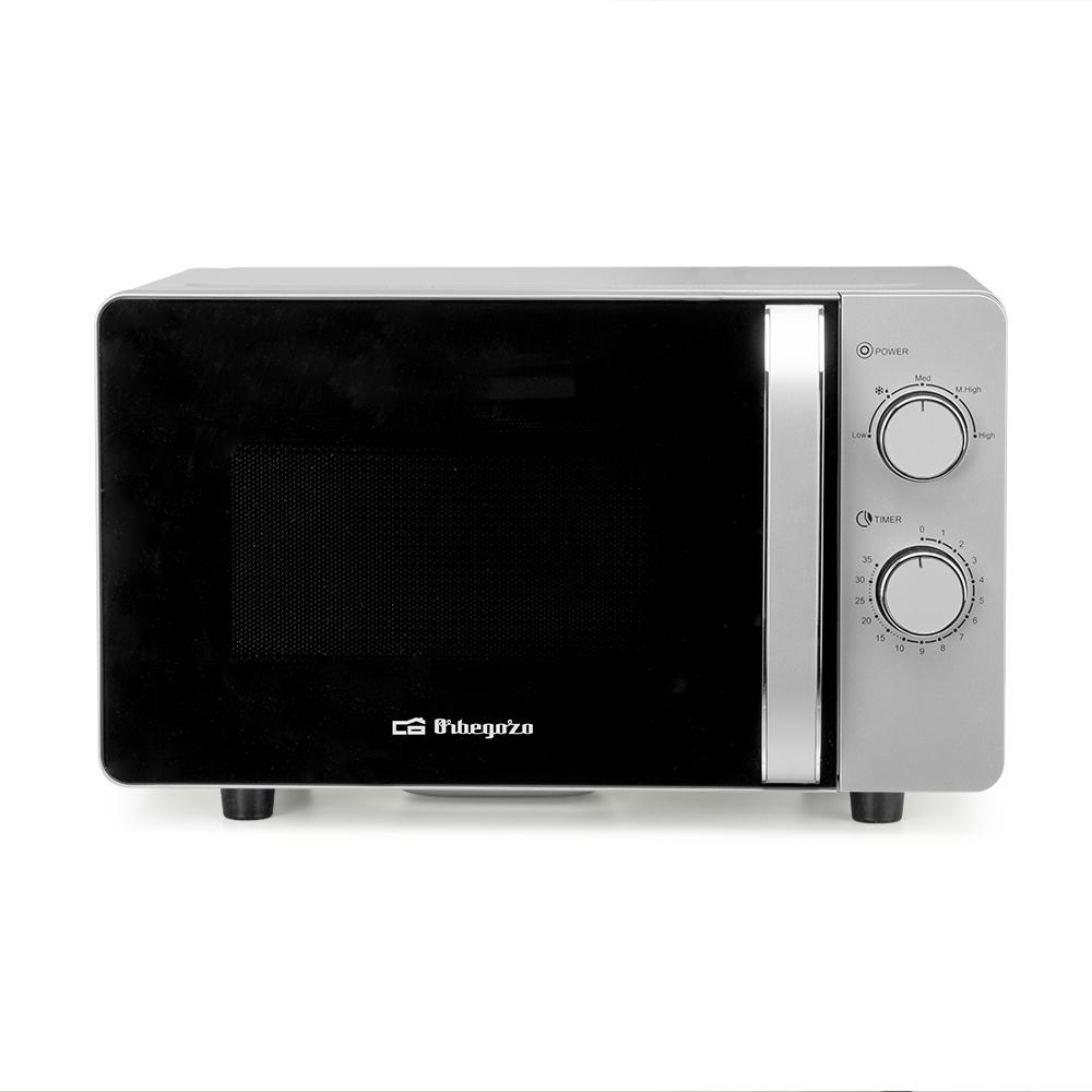 Microondas ORBEGOZO 20L 700W, Silver, Sin Plato, Interior ceramico, 5 niveles de potencia, Tecnologia Flatbed con base lisa de facil limpieza