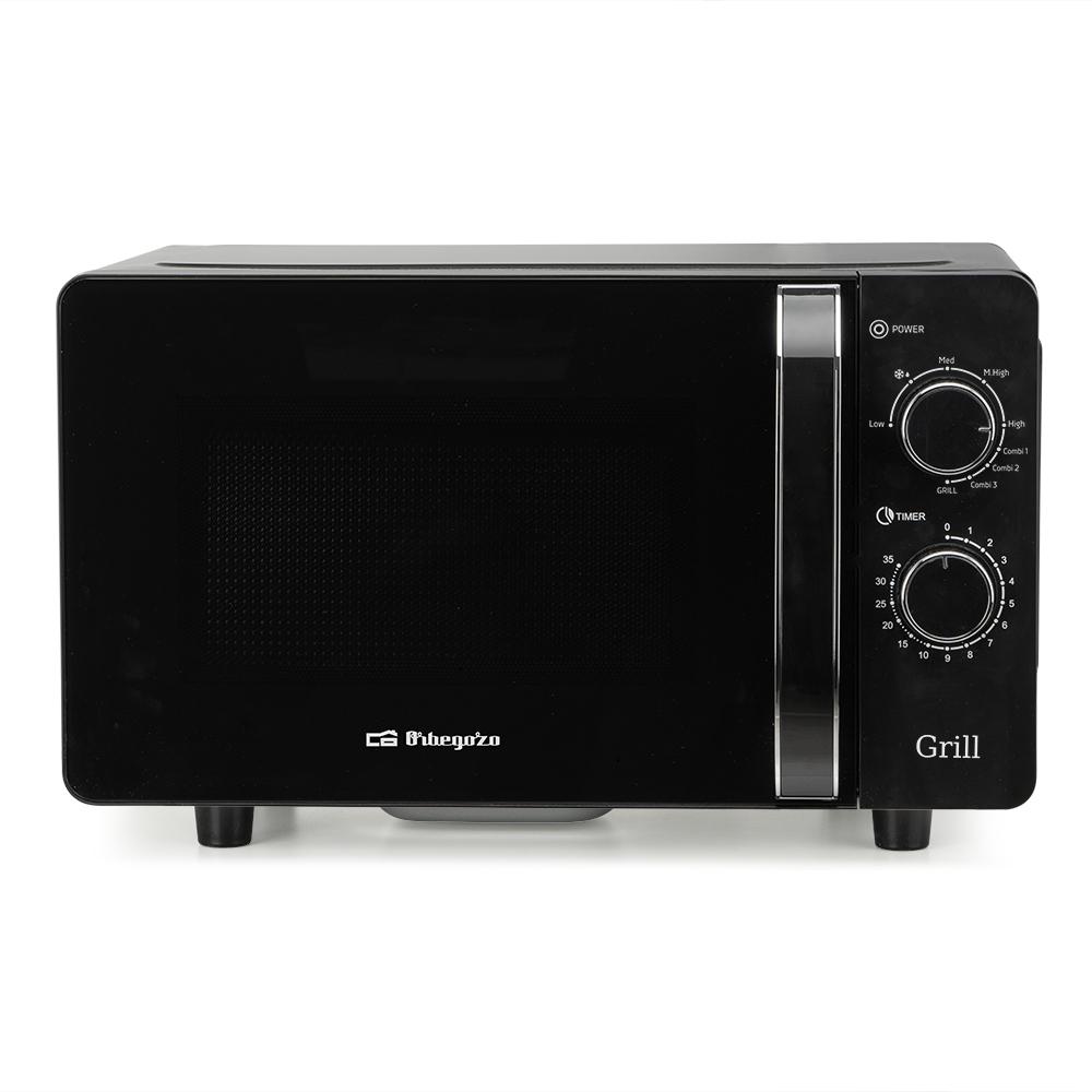 Microondas ORBEGOZO 20L 700W, Grill 800w, NEGRO, Sin Plato, Interior ceramico, 5 niveles de potencia, Tecnologia Flatbed con base lisa de facil limpieza