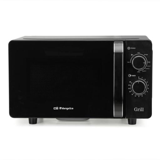 Microondas ORBEGOZO 20L 700W, Grill 800w, NEGRO, Sin Plato, Interior ceramico, 5 niveles de potencia, Tecnologia Flatbed con base lisa de facil limpieza