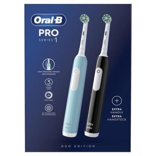 Cepillo eléctrico - Oral-B Pro Series 1, Pack Doble, Tecnología 3D, Sensor de presión, Negro y turquesa [1]