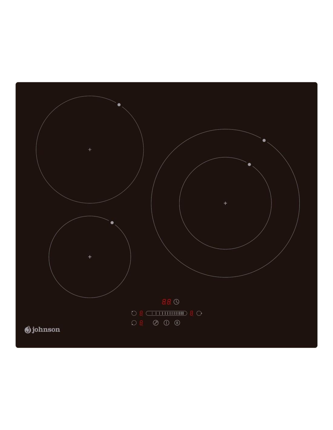 Placa induccion Johnson negra 3 zonas de cocción con una doble de 29cm Potencia total 7,4 kW
