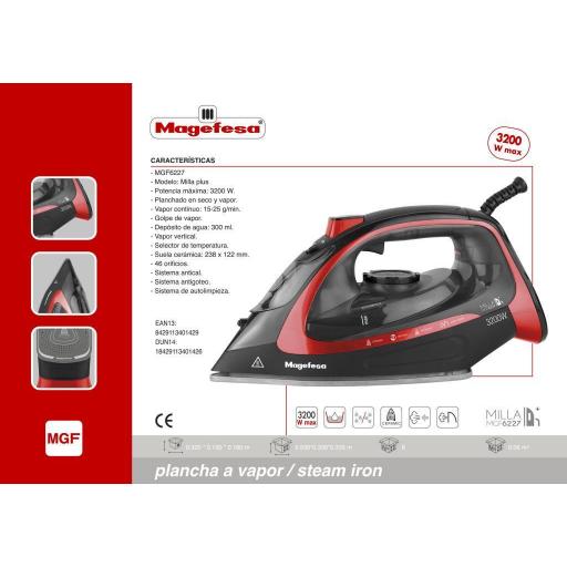 Plancha Megafesa - 3200 W, 238x122 mm, 300 ml, Cerámico, Negro, Rojo [1]