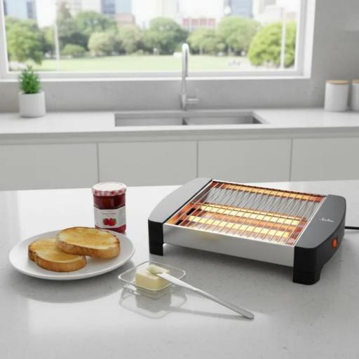 JATA - Tostadora Horizontal 400 W con Barras de Cuarzo, Tostador Plano de Gran Superficie, Laterales Acero Inoxidable, Bandeja Recogemigas Extraíble [1]