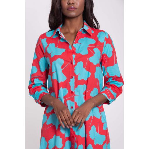 VESTIDO CAMISERO MANGA PEGADA FLORES FRESA + TURQUESA [1]
