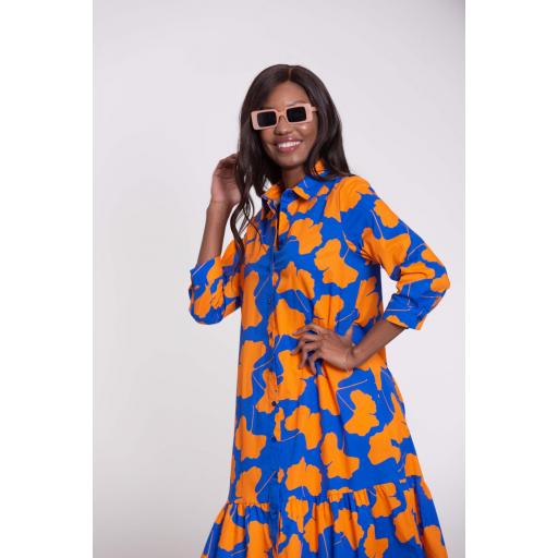 VESTIDO CAMISERO MANGA PEGADA FLORES NARANJA + AZULÓN [0]