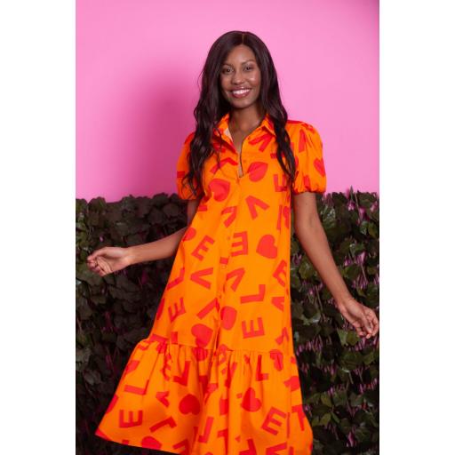 VESTIDO CAMISERO LOVE MANGA ABULLONADA NARANJA [1]