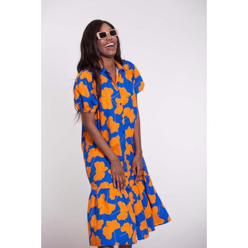 VESTIDO MANGA ABULLONADA FLORES NARANJA + AZULÓN [2]
