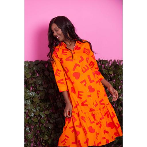 VESTIDO CAMISERO MANGA PEGADA LOVE NARANJA [1]