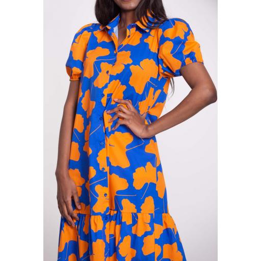 VESTIDO CAMISERO MANGA PEGADA FLORES NARANJA + AZULÓN [1]
