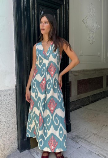 VESTIDO IKAT TIRANTES TURQUESA