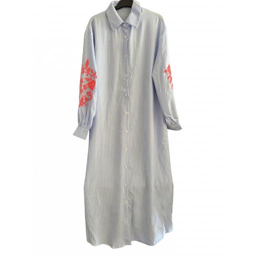 VESTIDO RAYAS AZUL BORDADO CORAL