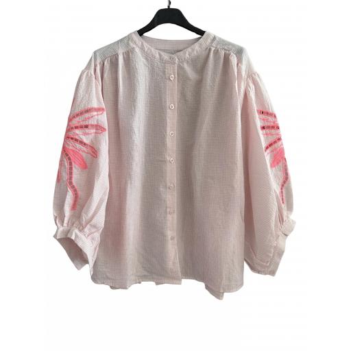 CAMISA CUADROS ROSA BORDADO PALMERA