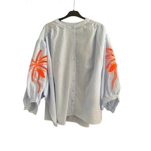 CAMISA CUADROS AZUL BORDADO PALMERA NARANJA