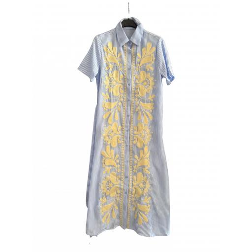VESTIDO RAYAS AZUL BORDADO MANGA CORTA