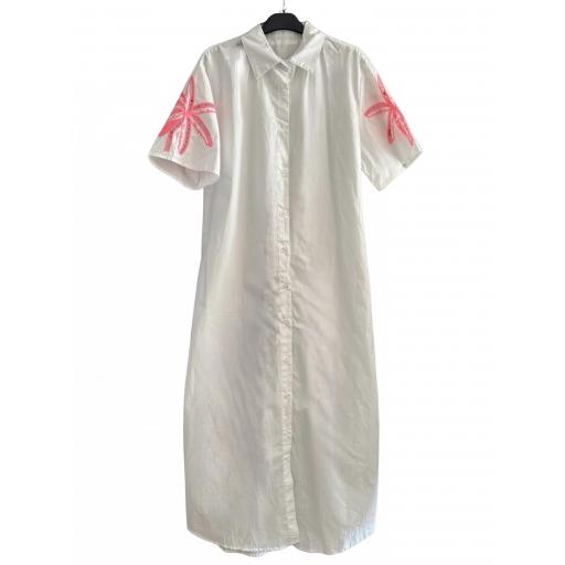 VESTIDO BLANCO BORDADO PALMERA MANGA CORTA 