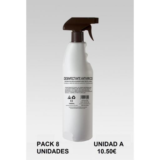 PACK AHORRO CAJA COMPLETA Desinfectante Antivírico Multifuncional para: aparatología, textil , superficies, cuerpo 1 LITROx 8 unidades