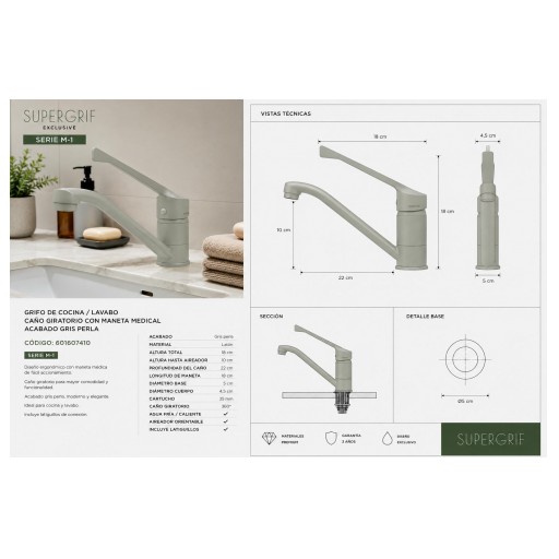 601607410 Grifo Medical Gerontológico Gris Perla con Caño Giratorio  [3]