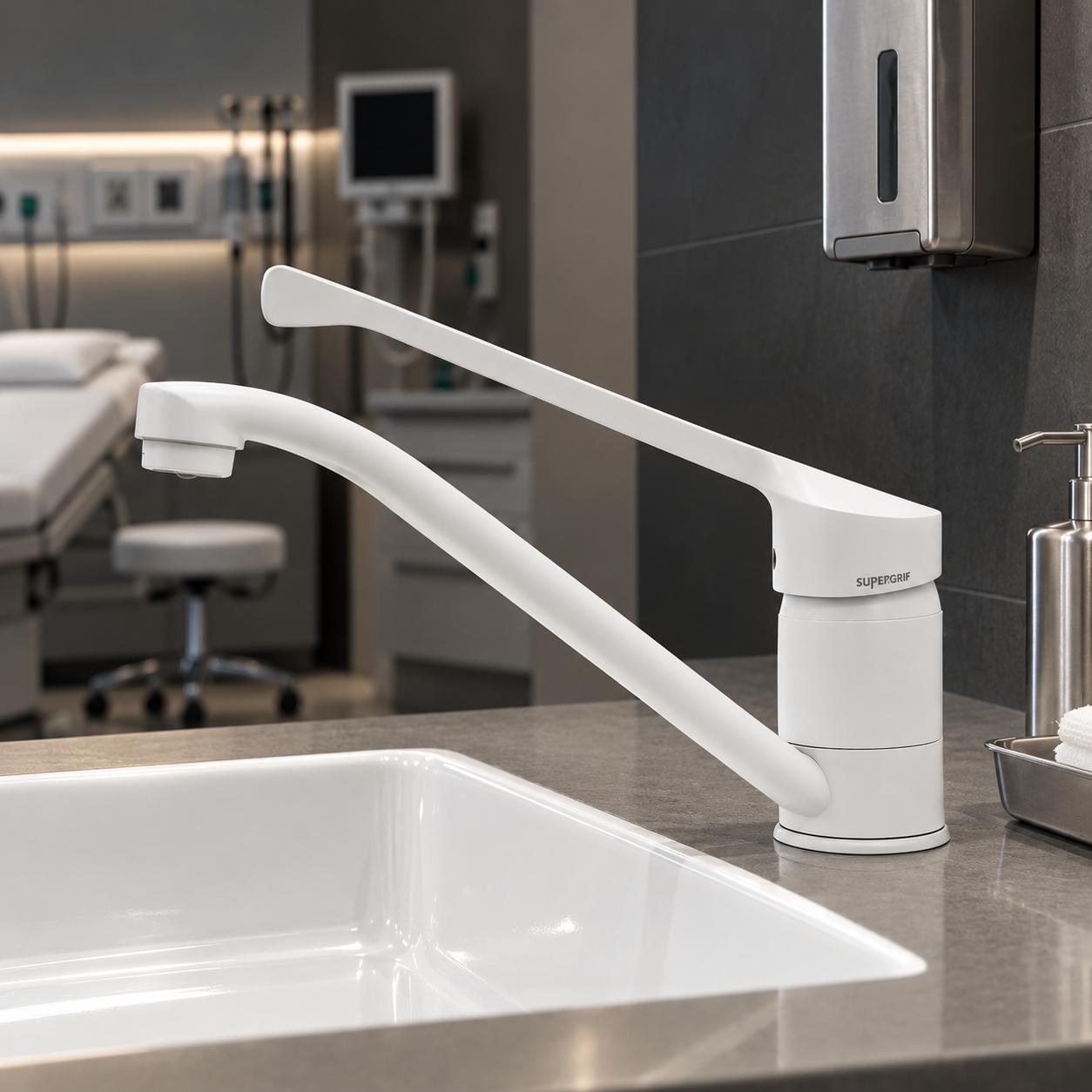 Grifo monomando gerontológico Medical blanco mate con caño giratorio – SUPERGRIF 601607310
