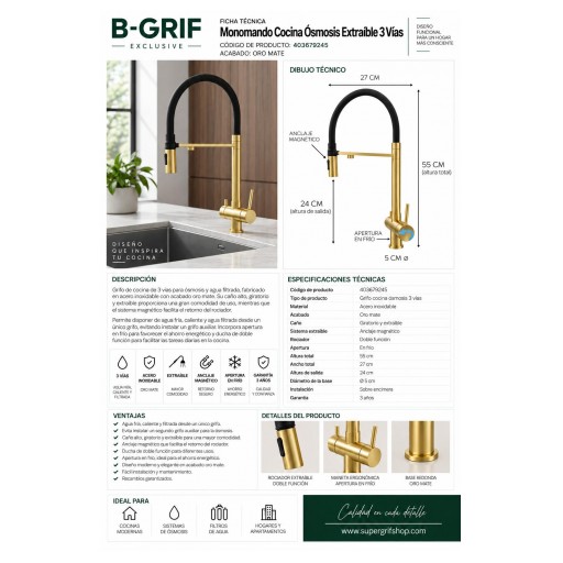 Grifo Cocina Ósmosis 3 Vías Extraíble Oro Mate – B-GRIF 403679245 [3]