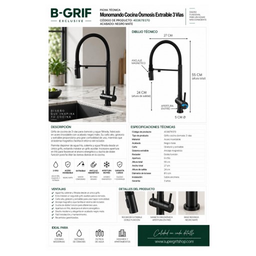 Grifo Cocina Ósmosis 3 Vías Extraíble Negro Mate – B-GRIF 403679370 [3]