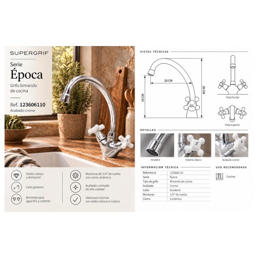 123606110 Grifo de Cocina Clásico Época Porcelana Cromo [3]