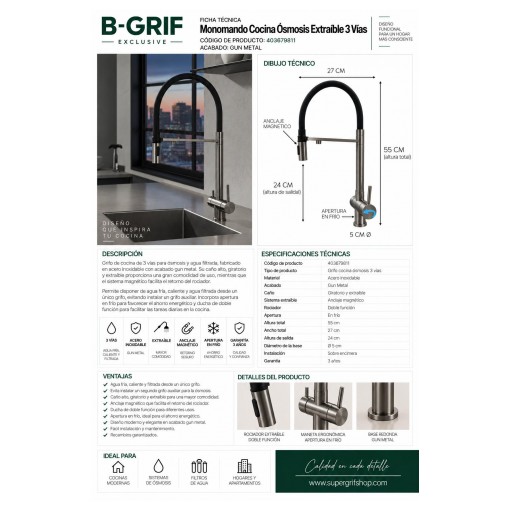 Grifo Cocina Ósmosis 3 Vías Extraíble Gun Metal – B-GRIF 403679811 [3]