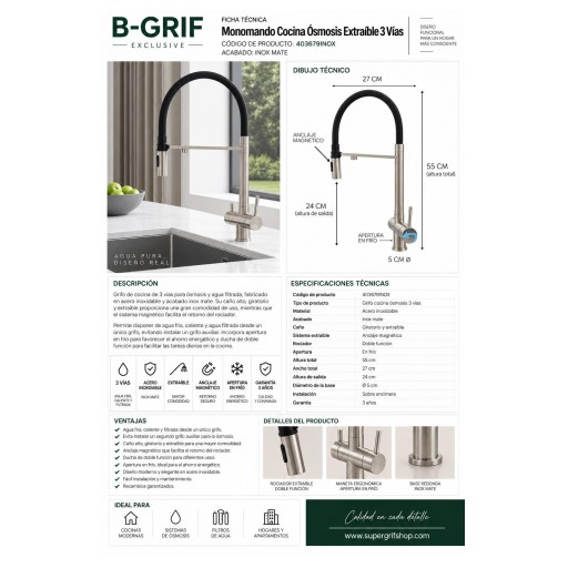Grifo Cocina Ósmosis 3 Vías Extraíble Acero Inoxidable – B-GRIF 403679INOX [3]