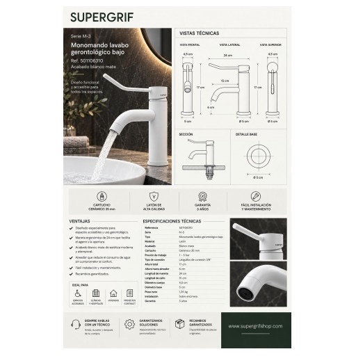 Grifo lavabo gerontológico PMR blanco mate con palanca larga – 501106310 [3]