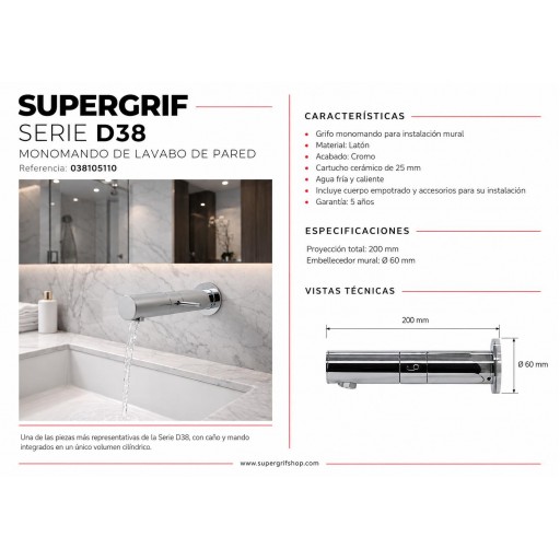 Grifo de Lavabo Empotrado de Pared Cromado Supergrif D38 – 038105110 [3]