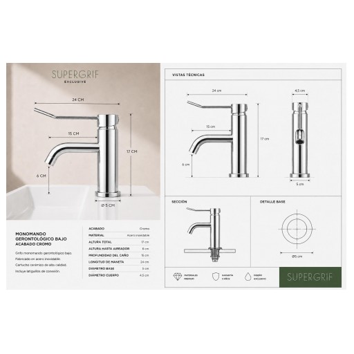 501106110 Grifo Monomando Gerontológico de Lavabo Cromado – Palanca Larga PMR [5]