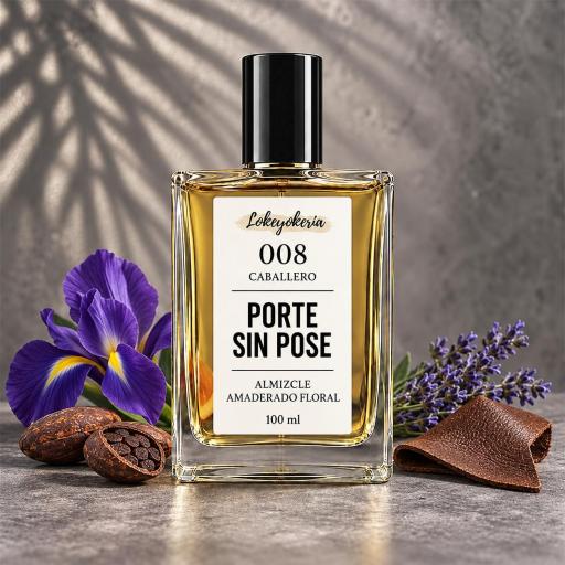 008 Porte sin Pose de Lokeyokeria, frasco de 100 ml con iris, cacao, lavanda y detalle de cuero