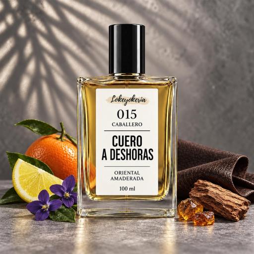 015 CUERO A DESHORAS de Lokeyokeria, frasco de 100 ml con etiqueta de caballero, cítricos, violetas y detalle de cuero [0]