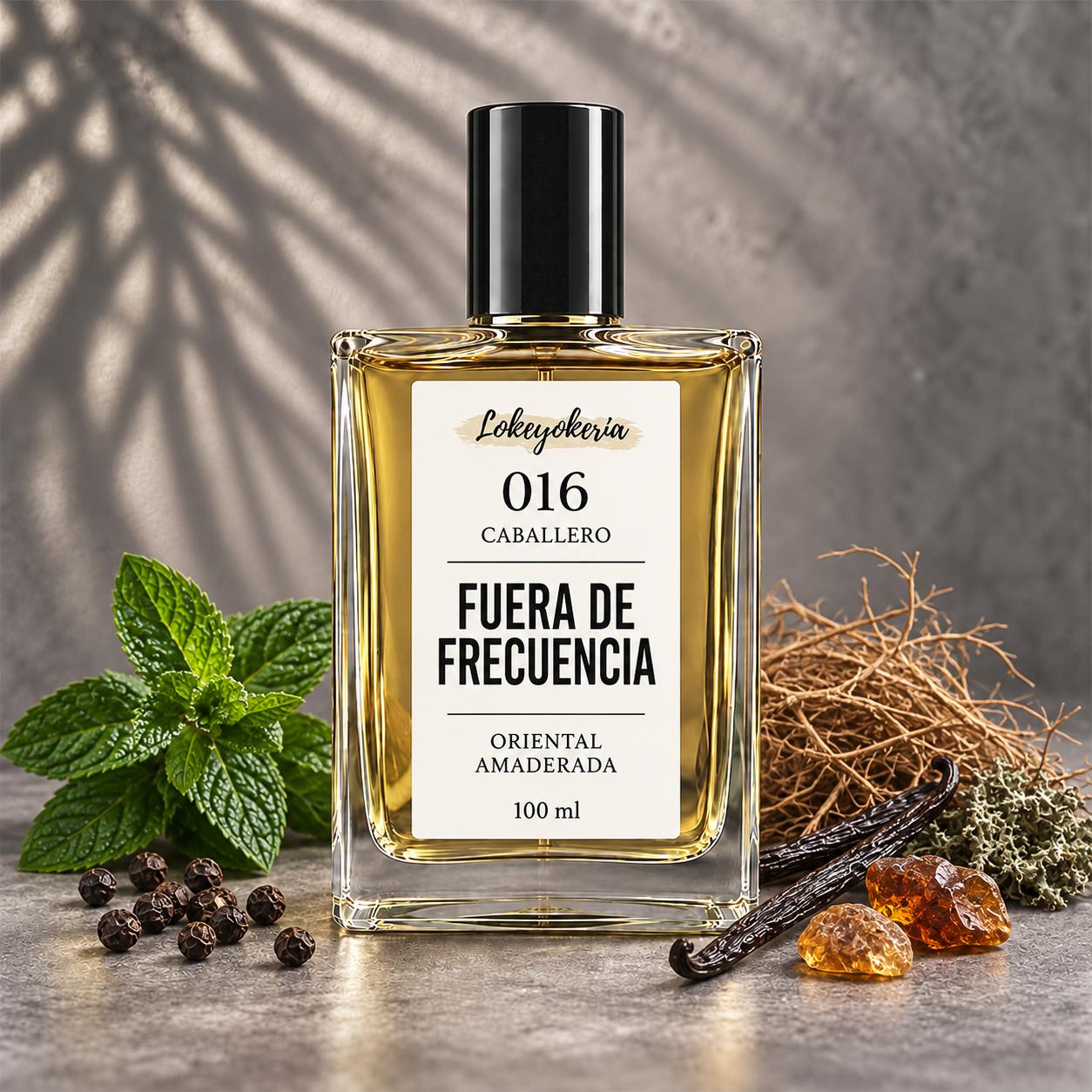 016 FUERA DE FRECUENCIA de Lokeyokeria, frasco de 100 ml con etiqueta de caballero, menta, vetiver, vainilla y pimienta