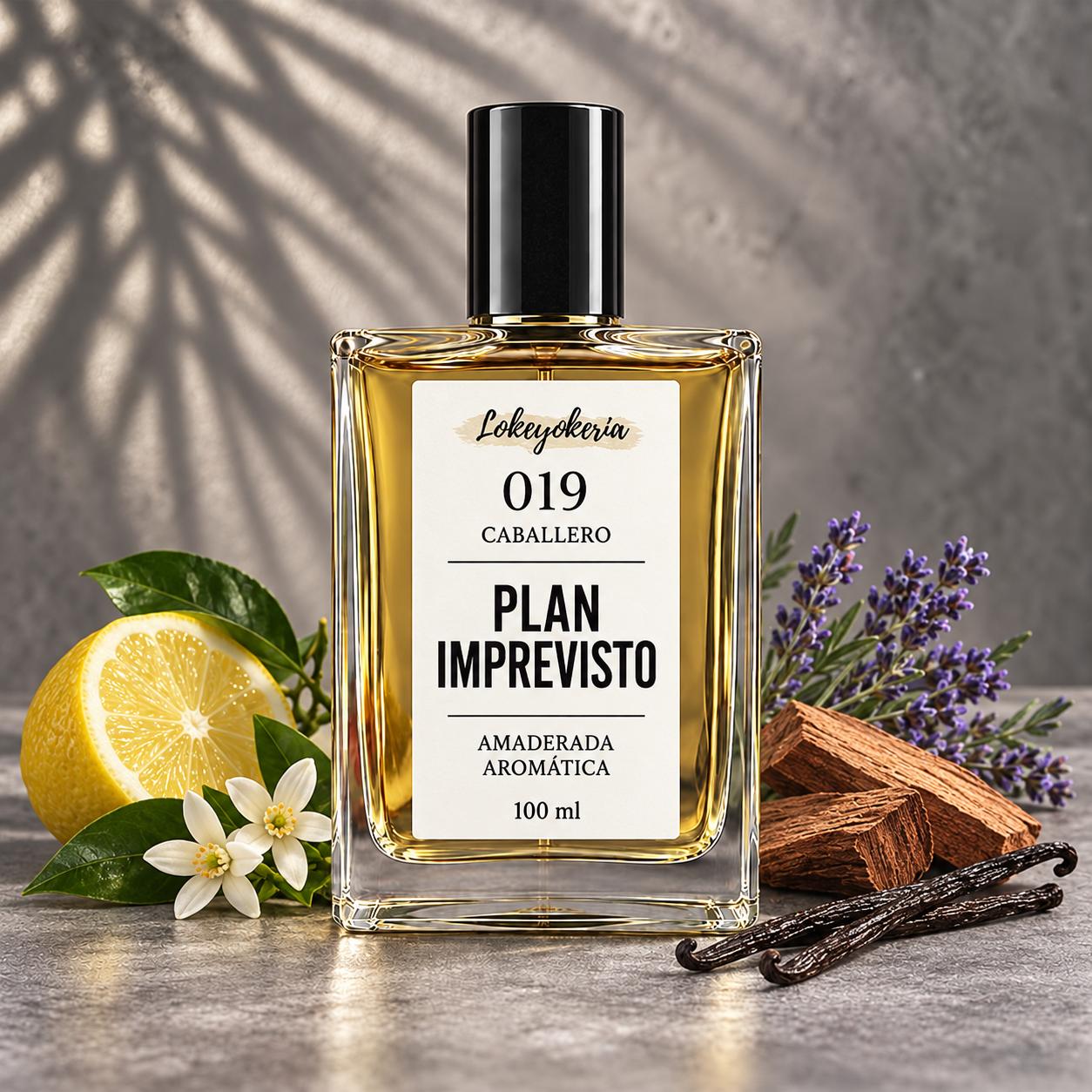 019 PLAN IMPREVISTO de Lokeyokeria, frasco de 100 ml con limón, lavanda, flores de naranjo, cedro y vainilla