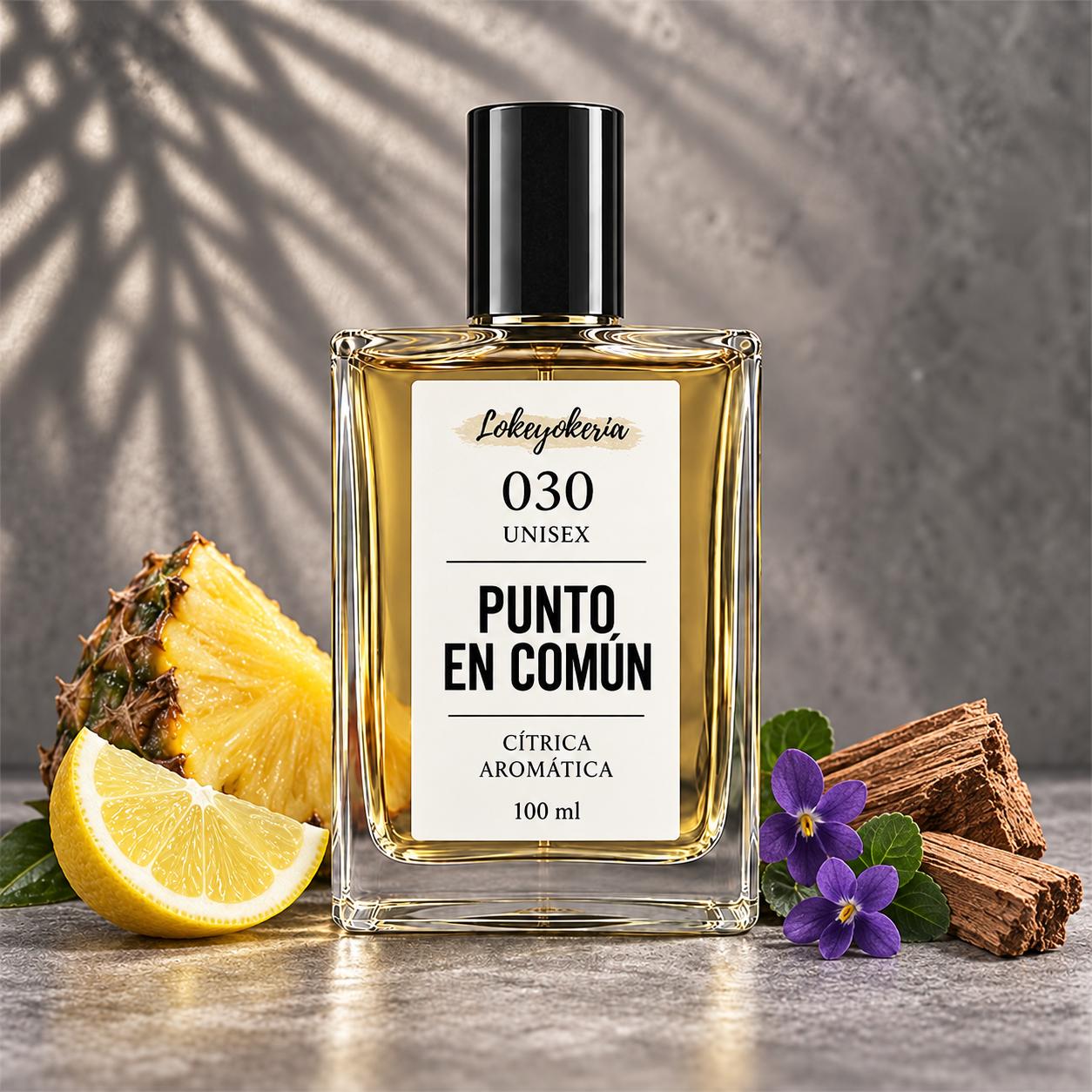 030 PUNTO EN COMÚN de Lokeyokeria, perfume unisex en frasco de 100 ml con piña, limón, violeta y madera