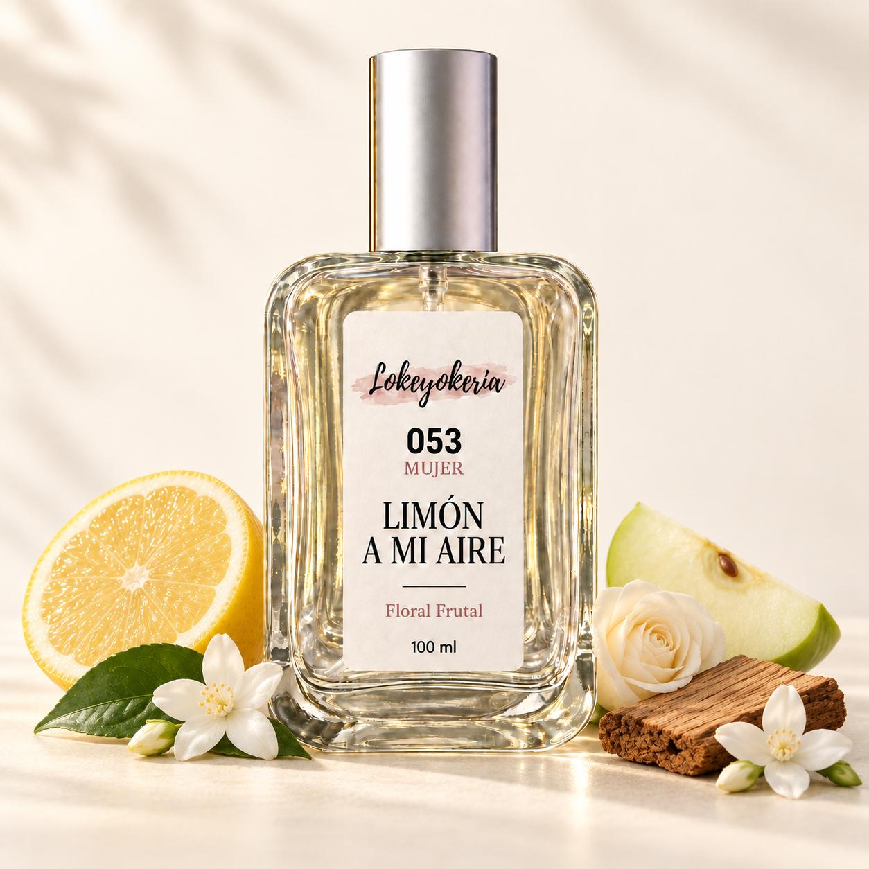 053 LIMÓN A MI AIRE de Lokeyokeria, frasco de 100 ml con limón, manzana, flores blancas y cedro