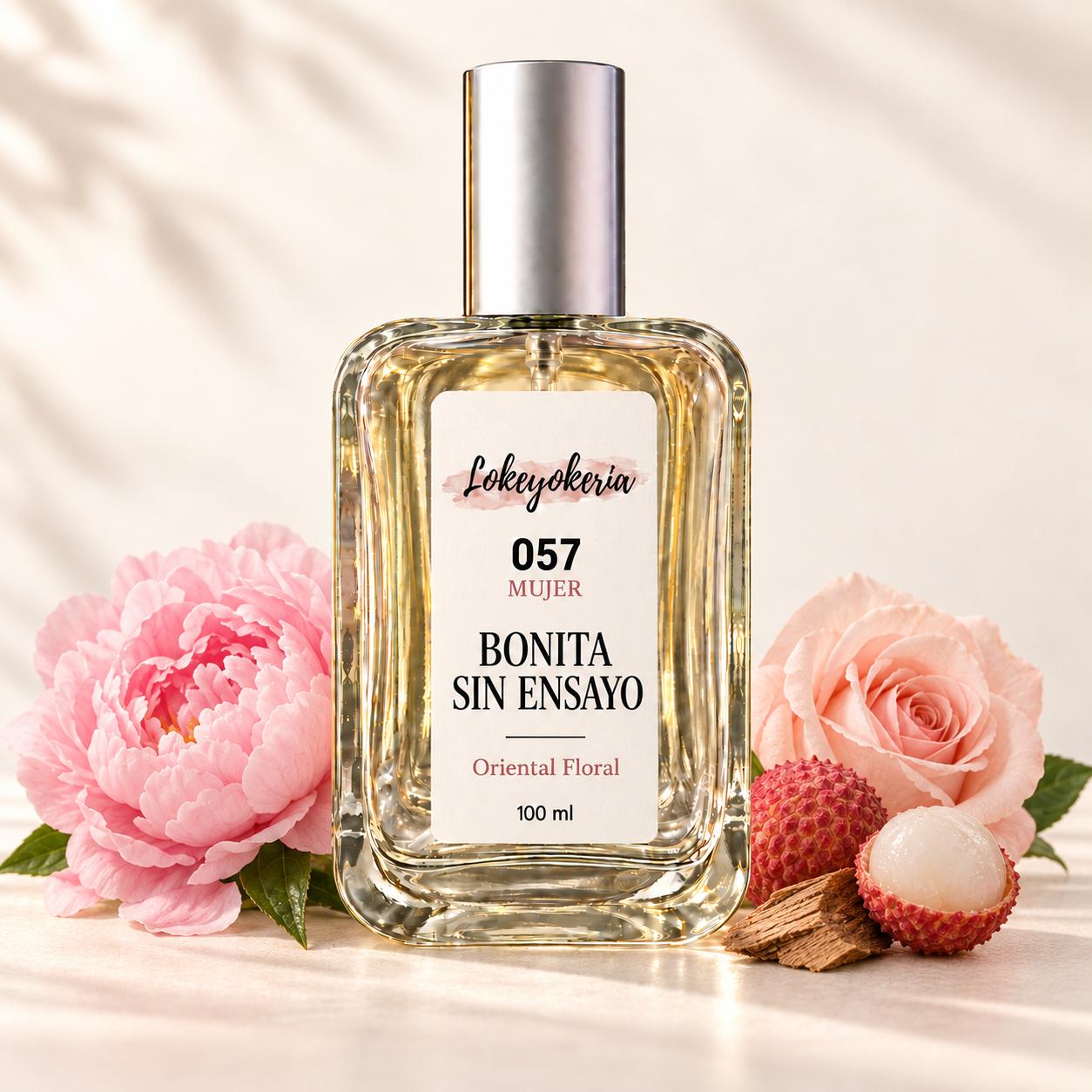 057 Bonita sin Ensayo de Lokeyokeria, frasco de 100 ml con peonía, rosa, lichi y cedro