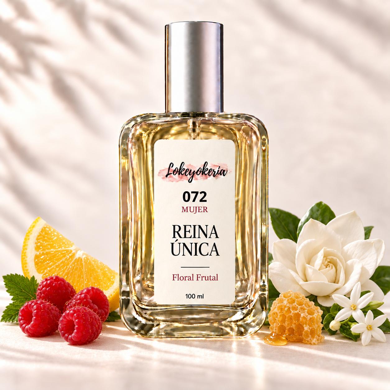 072 Reina Única de Lokeyokeria, frasco de 100 ml con limón, frambuesas, flores blancas y miel