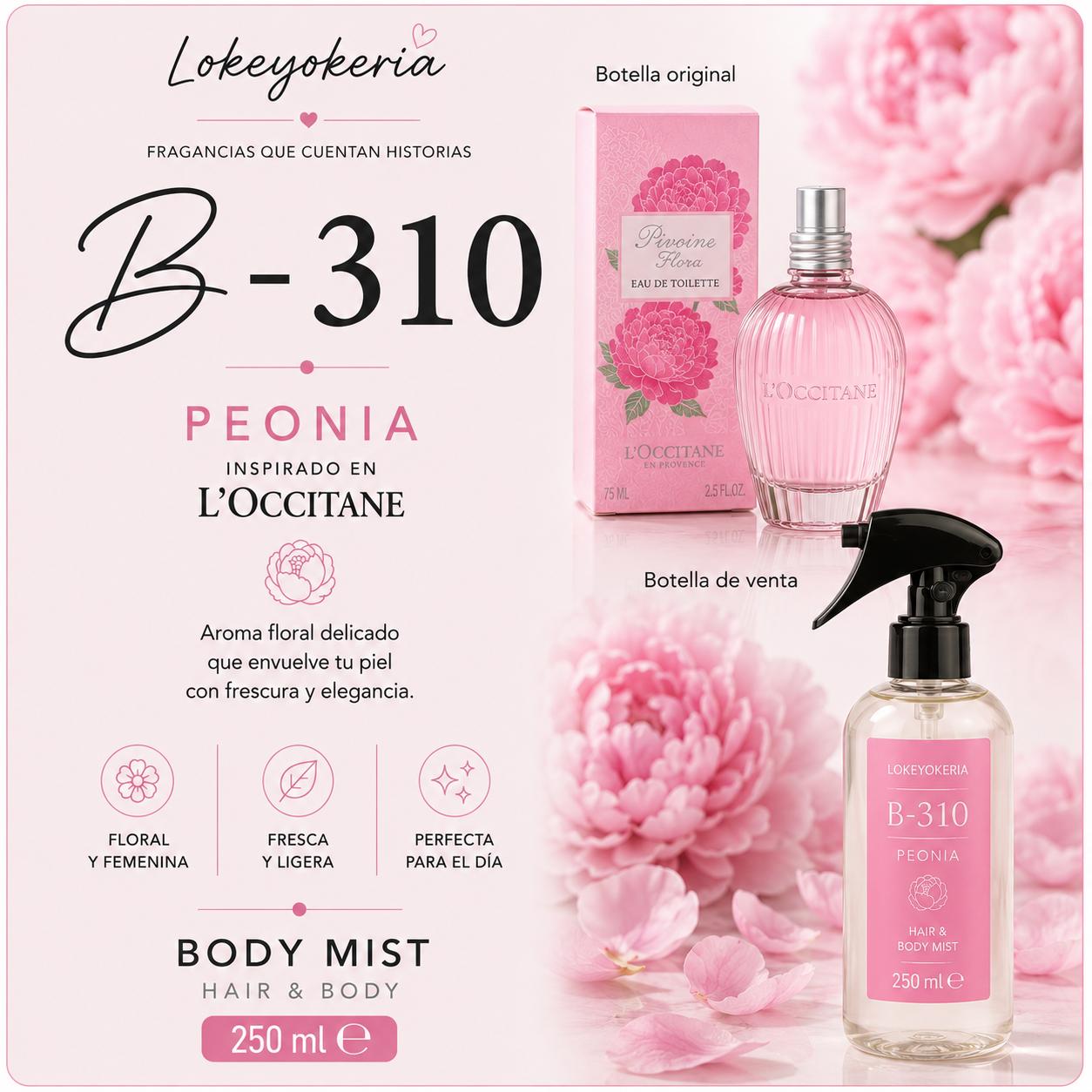 B310 Body Mist Mujer 250 ml | Floral (Inspiración L'Occitane, Pivoine Flora)
